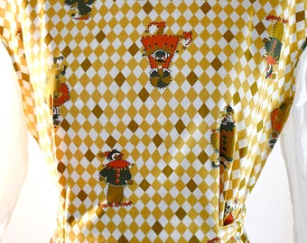 Vintage 1960s Gold and Tan Harlequin Check Clown Print Cotton Bib Apron Smock 44 Inch Bust CARMEN LEE