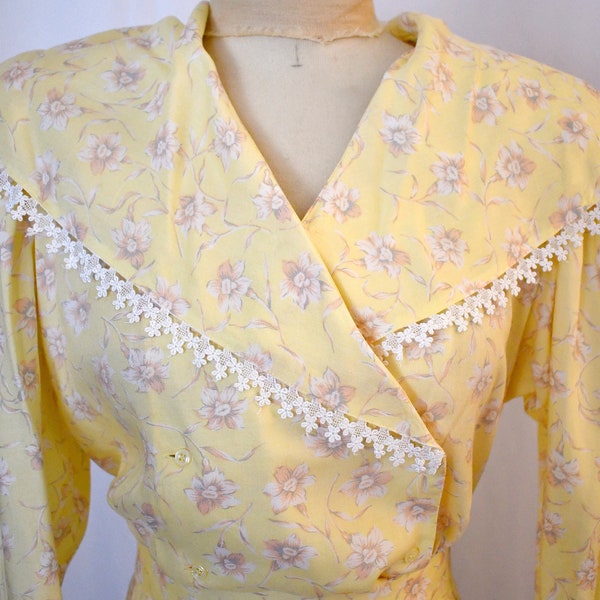 Vintage 1980s Yellow Rose and White Floral Rayon Edwardian Style Blouse and Pleated Midi Skirt Set Suit 38 Inch Bust/28 Inch Waist