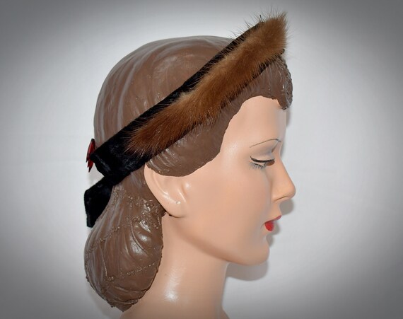 Vintage 1950s Brown Tan Fur and Black Velvet Head… - image 6