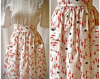 Vintage 1960s White Red Tan and Black Cotton Bowling Pins and Balls Print Half Apron One Sz