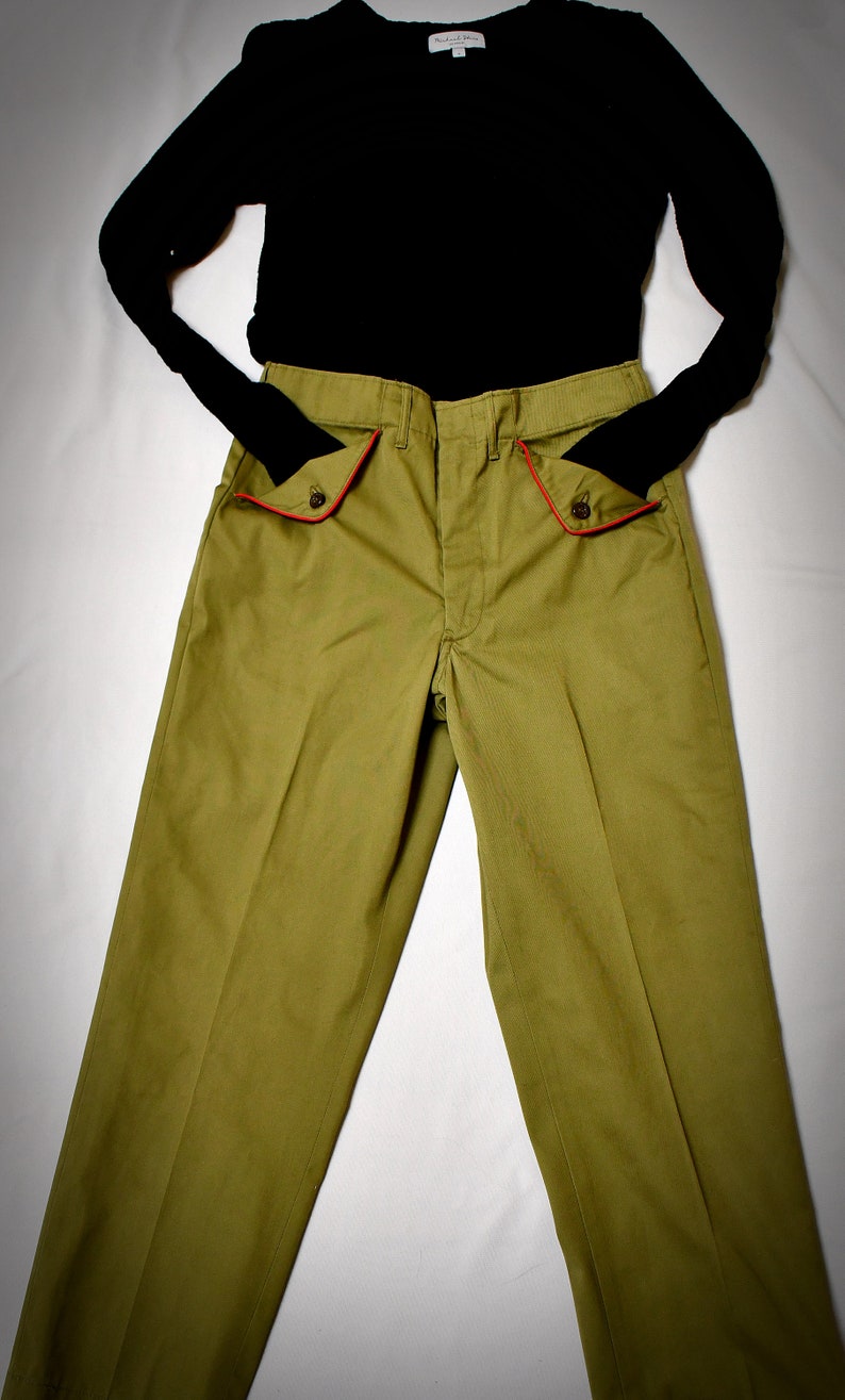 Vintage 1970s Khaki Green Mens Womens Boys Boy Scouts Uniform Slacks or Pants With Red Piping Details 29 Inch Waist/26 Inch Inseam image 4