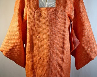Vintage Orange Shibori Tie Dye Silk Michiyuki Coat Jacket Short Robe With Red & White Tiny Dots Pink Peach White Floral Lining 42 Inch Bust