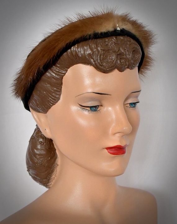 Vintage 1950s Brown Tan Fur and Black Velvet Head… - image 4