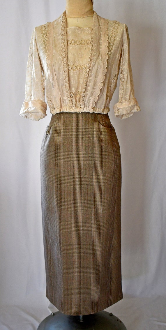 Vintage 1990s Brown and Ivory Plaid Long Slim Mid… - image 2