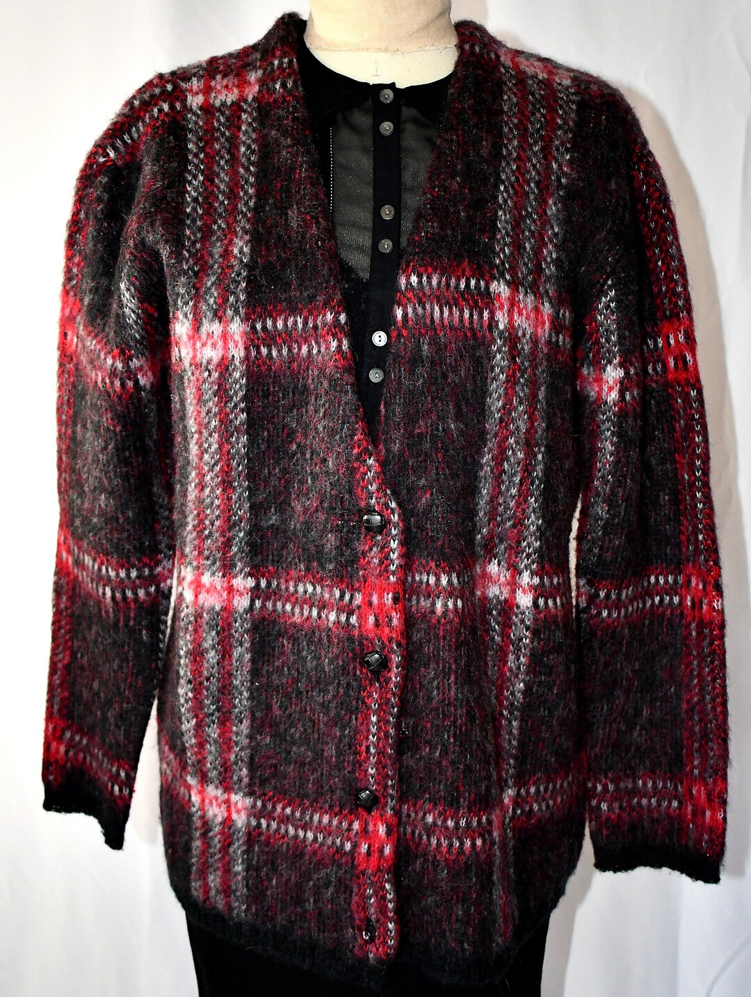 Vintage Weiche Fuzzy Rot Grau Weiß Karierte Wollmischung V