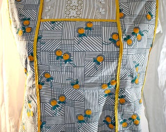 Vintage 1940s Gray and Yellow Plaid and Fruit Print Cotton Bib Apron