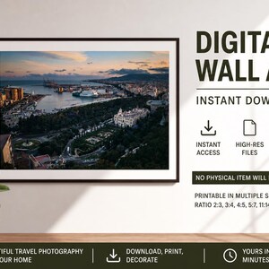 Sunset in Malaga Port Spain - Downloadable Digital Photo Print | Urban Wall Art of Muelle Uno Cityscape | Mediterranean Coastal Decor