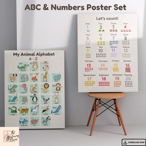 Póster de alfabeto y números de animales inspirado en Montessori / Tabla de conteo del 1 al 20 / Arte mural para preescolar / Imprimibles educativos para guardería