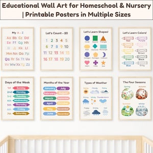 Pósteres de aprendizaje para niños pequeños, 8 gráficos educativos para habitación infantil, educación en casa, arte mural para guardería, descarga digital, decoración para preescolar