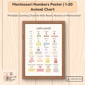 Tabla de números de animales del 1 al 20 / Póster de conteo inspirado en Montessori / Arte mural para guardería / Números imprimibles para niños / Decoración preescolar para el hogar