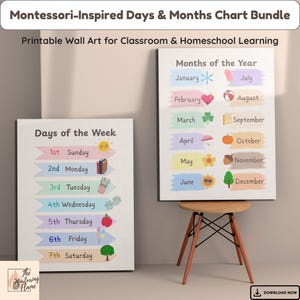 Montessori-geïnspireerde grafieken met dagen en maanden, digitale download kunst aan de muur, klaskalender decor, peuter leren afdrukbare, zachte pastel grafiek