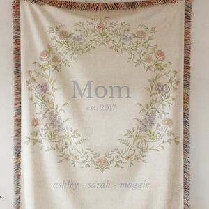 Manta personalizada para mamá con nombres de niños, regalo para el día de la madre, regalo floral, regalo sentimental, regalo de cumpleaños para mamá, manta familiar personalizada.