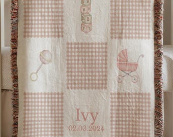 Personalized Baby Girl Blanket, Custom Name Blanket, Pink Nursery Decor, Vintage Baby Shower Gift, Gingham Nursery Decor