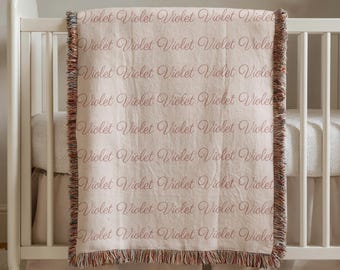 Personalized Pink Baby Name Blanket – Girl Name Woven Blanket – Custom Nursery Gift – Script Name Blanket – Baby Shower Gift for Girls
