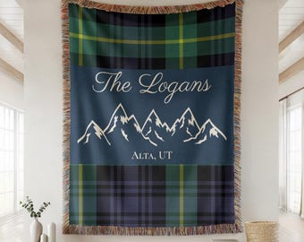 Personalized Plaid Mountain Woven Blanket | Custom Family Name and Location | Rustic Lodge Cabin Throw | Alpine Winter Keepsake Gift