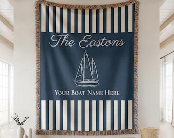 Personalized Nautical Woven Blanket | Custom Sailboat Design with Family Name & Boat Name | Lake House, Yacht, Coastal Gift
