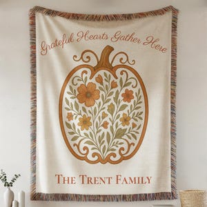 Personalized Fall Woven Throw Blanket: Grateful Hearts Pumpkin Design
