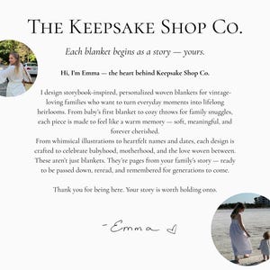 May include: The Keepsake Shop Co. text on a white background. The text describes personalized woven blankets. Two circular photos show a woman in a white dress. The text says, "Each blanket begins as a story - yours."