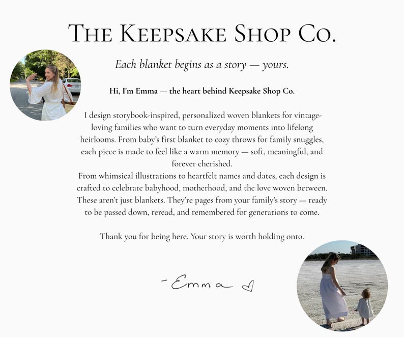 May include: The Keepsake Shop Co. text on a white background. The text describes personalized woven blankets. Two circular photos show a woman in a white dress. The text says, "Each blanket begins as a story - yours."