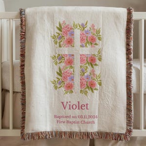 Floral Cross Baptism Blanket for Girl, Personalized Woven Christening Gift with Name and Church, Custom Baby Keepsake Throw