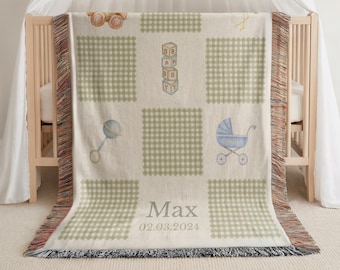 Gepersonaliseerde deken babyjongen groen pastel kwekerij decor babynaam deken vintage kraamcadeau aangepaste geweven aandenken deken