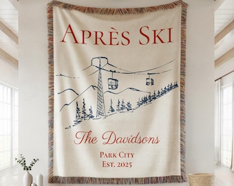 Personalized Après Ski Woven Blanket, Custom Mountain Cabin Throw with Family Name and Date, Rustic Winter Lodge Keepsake Gift