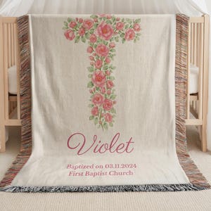 Personalized Baptism Baby Blanket Baptism Christening Blanket for Girl, Woven Baby Blanket with Floral Cross Baptism Floral Cross Baby Gift
