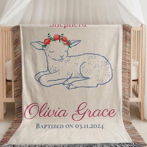Personalized Baptism Blanket: Woven Cotton, Lamb & Floral Design
