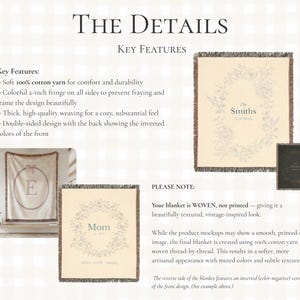 May include: Cream-colored woven blanket with a floral wreath design and the text "The Smiths" and a date. The blanket has a 2-inch fringe and is made of 100% cotton yarn. The image also shows a blanket with the letter "E" and another with the word "Mom".