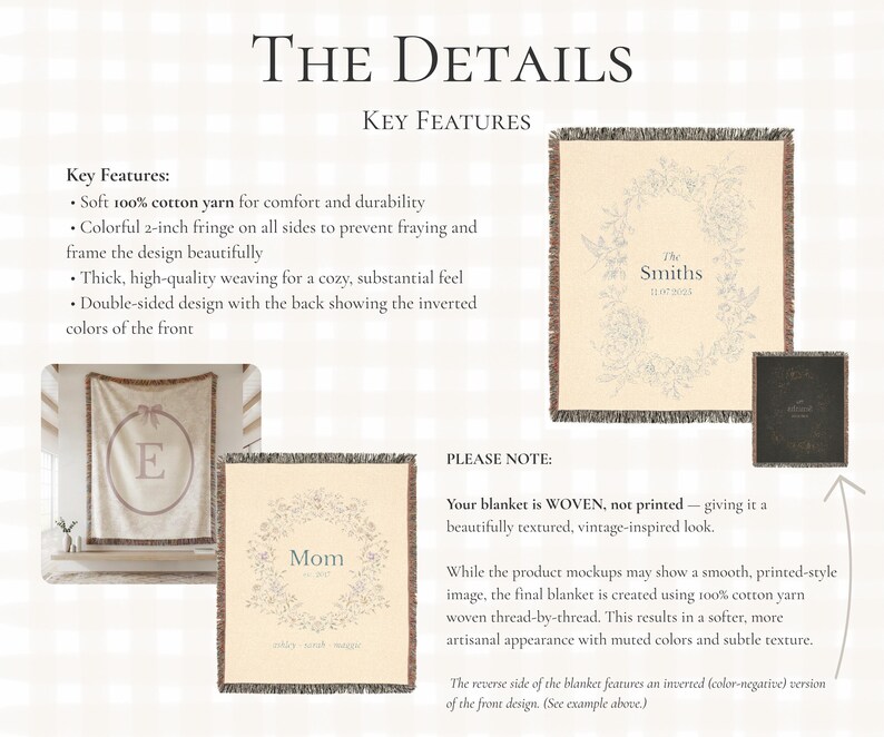 May include: Cream-colored woven blanket with a floral wreath design and the text "The Smiths" and a date. The blanket has a 2-inch fringe and is made of 100% cotton yarn. The image also shows a blanket with the letter "E" and another with the word "Mom".