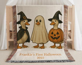 Personalisierte erste Halloween Babydecke: Enten-Trio gewebter Baumwollüberwurf