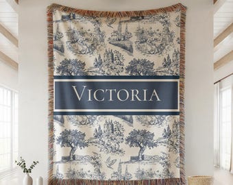 Personalized Toile Pattern Woven Blanket | Custom Family Name Throw with Blue Design | Wedding, Anniversary, Housewarming Gift