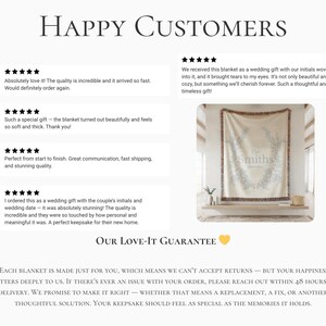 May include: A cream-colored personalized blanket with a floral wreath design and the text "The Smiths". The blanket has a fringed border and is displayed in a home setting. The image also includes customer reviews and the text "Happy Customers".