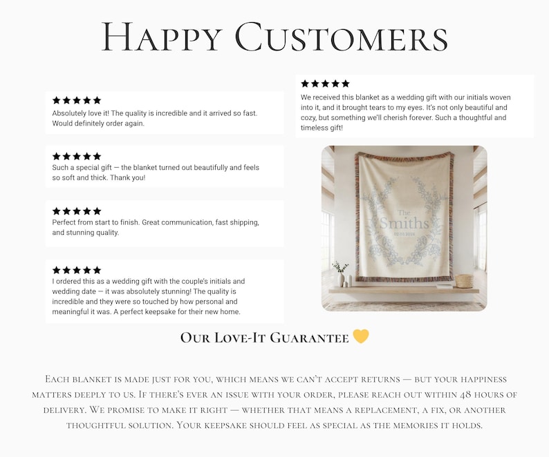 May include: A cream-colored personalized blanket with a floral wreath design and the text "The Smiths". The blanket has a fringed border and is displayed in a home setting. The image also includes customer reviews and the text "Happy Customers".