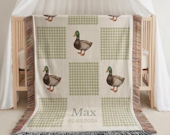 Personalized Mallard Duck Baby Blanket: Woven Cotton Nursery Decor