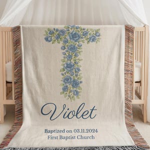Personalized Baptism Baby Blanket, Baptism Christening Blanket, Woven Baby Blanket with Floral Blue Cross Baptism Floral Cross Baby Gift