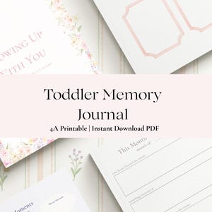 Op de afbeelding: Een verzameling peutergeheugenjournals met bloemaccenten en de tekst "Toddler Memory Journal". De journals bevatten prompts voor het vastleggen van herinneringen en mijlpalen. Het ontwerp is zacht en pastelkleurig.