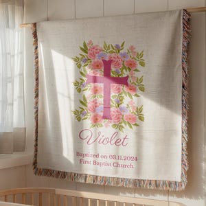 Pink Floral Cross Baptism Blanket for Girl, Personalized Woven Christening Gift with Name and Church, Custom Baby Keepsake Throw