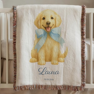 Personalized Golden Retriever Baby Blanket: Woven Cotton Nursery Throw