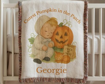 Personalized Halloween Baby Blanket: Woven Cotton Pumpkin Patch Throw