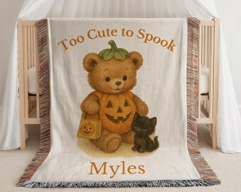 Personalized Halloween Baby Blanket: Pumpkin Bear Woven Cotton Throw