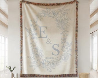 Personalized Woven Cotton Couple's Blanket: Floral Wedding Keepsake