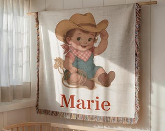 Personalized Cowboy Baby Blanket: Woven Cotton Western Nursery Decor
