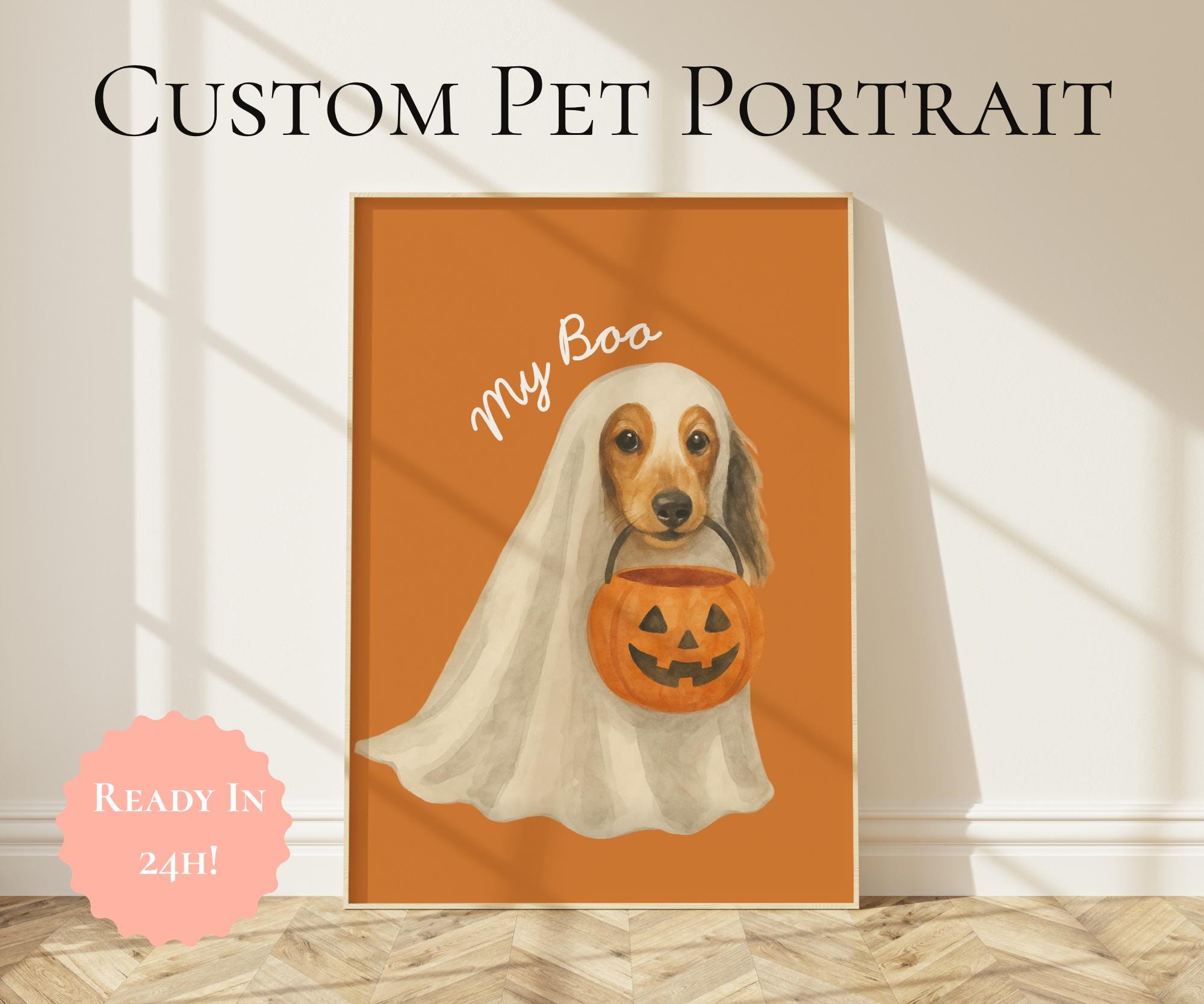 Aangepaste Halloween spookhuisdier portret My Boo gepersonaliseerde hond of kat kunst Trick-or-Treat pompoen digitale download