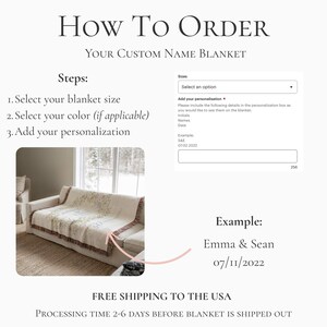 May include: Image showing instructions for ordering a custom name blanket. Steps include selecting size, color, and adding personalization. An example shows "Emma & Sean" with a date. The text "How To Order Your Custom Name Blanket" is at the top.