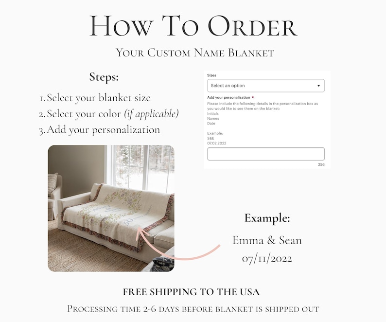 May include: Image showing instructions for ordering a custom name blanket. Steps include selecting size, color, and adding personalization. An example shows "Emma & Sean" with a date. The text "How To Order Your Custom Name Blanket" is at the top.
