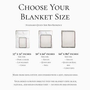 May include: Image showing three blanket sizes: 37" x 52", 50" x 60", and 60" x 80". Text indicates sizes are for over a chair, queen bed, and queen or king bed. Made from 100% cotton with a soft, fringed edge.
