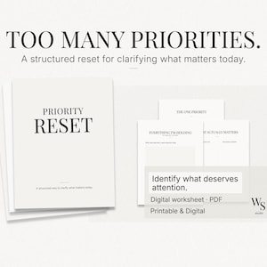 Könnte beinhalten: Ein digitales Arbeitsblatt mit dem Titel "Priority Reset" und dem Text "Too Many Priorities" und "A structured reset for clarifying what matters today." Das Bild enthält Arbeitsblätter mit Eingabeaufforderungen und den Text "Identify what deserves attention."