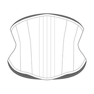 May include: A white corset with a black trim and a series of vertical seams.