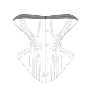 Op de afbeelding: Een zwart-witte lijntekening van een korset met een puntige onderkant en een V-vormige halslijn. Het korset heeft een reeks verticale lijnen en vijf knoopsgaten in het midden.